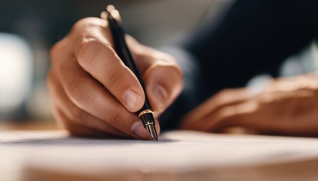 Unrecognizable Man Writing Business Report, Male Hands Signing Documents On Office Table. Student Studying Educational English Test In University.