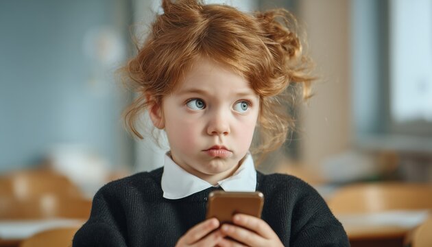 Confused Caucasian Little Girl Playing Mobile Phone Game In Classroom, Strict Female Teacher Takes Away Device During Lesson. - Powered by Adobe