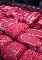 A vibrant display of various raw beef cuts, including steaks, roasts, and ground beef, neatly arranged in a chilled market counter ,wholesale ,showcase ,numerous