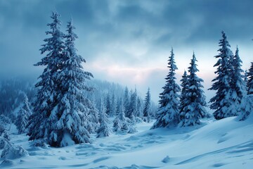 Naklejka premium Snow-Covered Pine Forest Under Cloudy Winter Sky