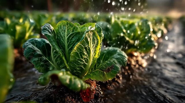 Watering Fresh Green Cabbage Plants in an Agricultural Field.