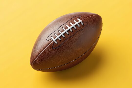 American football on yellow background, 3D rendering, vibrant sports imagery, detailed football texture, dynamic yellow backdrop, high-resolution digital art, sports-themed design element