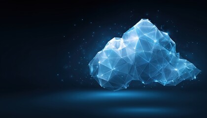 Obraz premium Enhancing Database Security: Cloud Computing Technology For Backup Transfer In Abstract World Featuring A Large Prominent Cloud And Dark Blue Polygon.