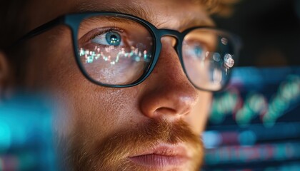 Focused Crypto Trader Analyst Analyzing Stock Market Charts With Eyeglasses And Reflecting Cryptocurrency Downtrend Charts, Bitcoin Crash.