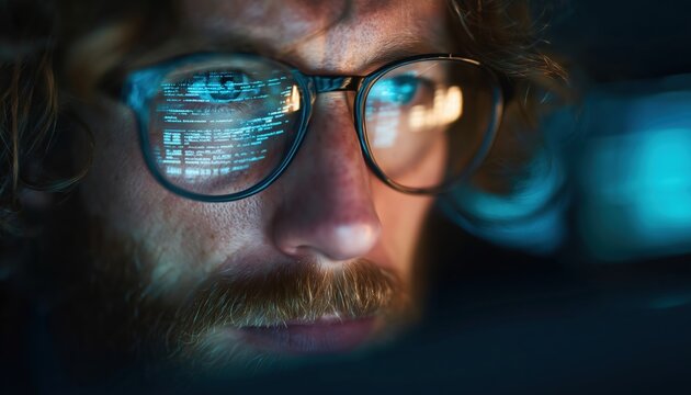 Focused Software Engineer With Glasses Examining Computer Screen, Analyzing Big Data With Programming Code Reflected In Glasses. Data Science, Machine Learning, Ai.