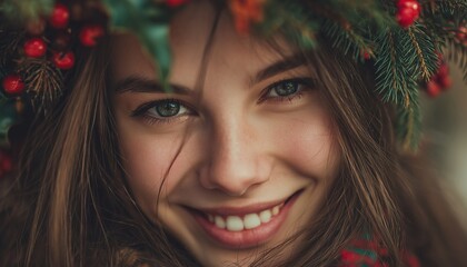 Stunning Fashion Model With Christmas Wreath And Red Decorations. Joyful Woman With Green Tree Twig And Berries. Lovely Closeup Portrait.