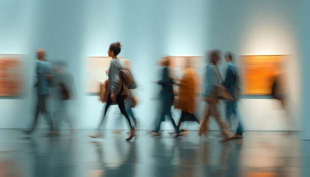 Motion Blur Captures The Hustle And Bustle Of People Rushing In The Lobby. The Scene Is Full Of Activity, Movement, And Energy.