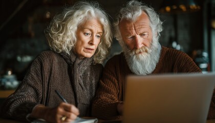 Elderly Couple Excitedly Plans Vacation Using Modern Technology. White Haired Seniors Embrace New Technological Advancements For Planning Fun Adventures.