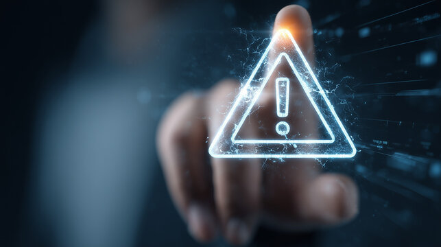 A neon triangular alert icon floats in a person’s hand, emphasizing cybersecurity awareness, threat detection, and data safety concepts