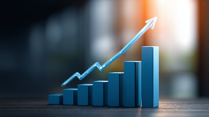 Representação de barras em crescimento e seta dourada simboliza prosperidade, evolução corporativa, boas estratégias de mercado e avanço financeiro contínuo