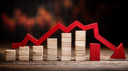 A red descending graph arrow over dark bars represents financial decline, crisis, recession and negative economic performance in digital markets