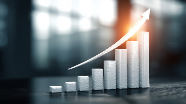 Corporate finance concept with increasing bar chart and arrow showing profit growth, business strategy, market performance and positive economic outlook