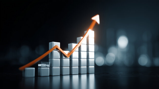 Representa&ccedil;&atilde;o visual de crescimento financeiro com colunas subindo e seta laranja, evocando prosperidade, bons investimentos e evolu&ccedil;&atilde;o de resultados corporativos