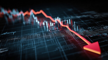 Illustration of red decline arrow passing through city-shaped bar graphs, reflecting downturn, financial risk, and falling markets