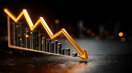 A bright descending arrow highlights finance volatility with collapsing bars, symbolizing recession, loss, and weakened corporate performance