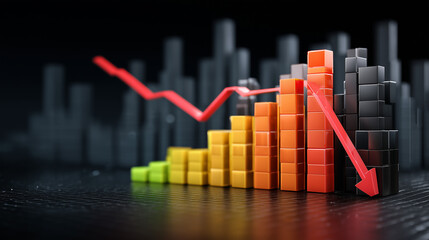 Digital rendering of a decreasing orange arrow in front of skyscraper bars, illustrating recession, deflation, and reduced business activity