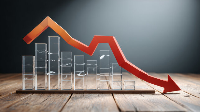 A glowing red downward arrow moves across metallic bars, representing falling performance and negative business metrics under low-light dramatic conditions