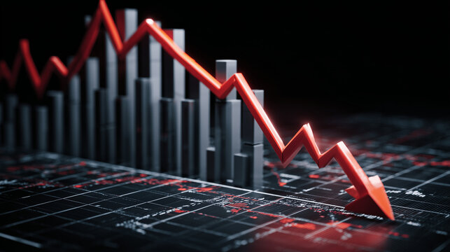 Futuristic falling bars and a sharp orange arrow illustrate shrinking economic results, conveying uncertainty and stock market instability