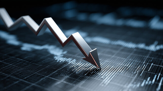 Seta laranja apontando para baixo sobre gr&aacute;fico corporativo indicando queda de desempenho, instabilidade e retra&ccedil;&atilde;o de mercado