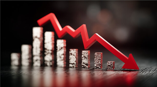 Sharp red arrow pointing downward on futuristic financial interface, symbolizing negative results, market downturn, stock dips, economic instability, business risk, and falling investment performance