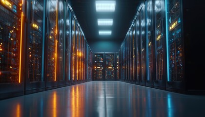 Innovative Data Center Featuring Server Racks In Large Warehouse: Dynamic Visualization Of Data Flow And Internet Traffic. Technology, Digitalization, And Vfx Animation. Dolly Shot.