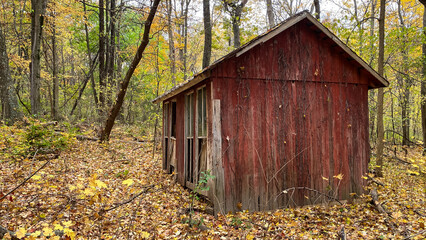 Fototapeta premium Old Red Building in the Woods in Fall