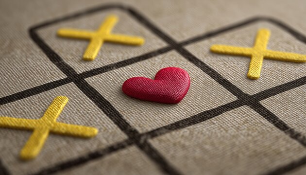 Tic-Tac-Toe Game With Cross And Red Heart Sign Mark In The Center Love Card Yellow: A Romantic Twist On A Classic Game