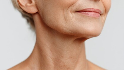Signs Of Skin Aging In The Lower Part Of An Elderly Woman'S Face And Neck On A White Background. Age-Related Changes In Facial Skin, Sagging And Flabby. Beauty And Cosmetology.