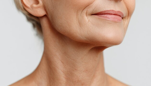 Signs Of Skin Aging In The Lower Part Of An Elderly Woman'S Face And Neck On A White Background. Age-Related Changes In Facial Skin, Sagging And Flabby. Beauty And Cosmetology.