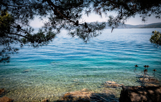 Beautiful, turquoise, Adriatic sea at the coast of Valun, small village on the Cres island, Croatia