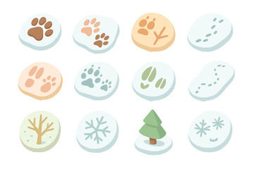 Animal tracks and nature icons in soft pastel colors with hand-drawn style