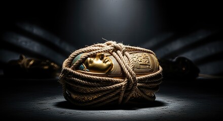 Naklejka premium Ancient golden cultural antiquity wrapped tightly with thick rope. Valuable historical relic protected from illicit trafficking and illegal trade in precious stolen artifacts.