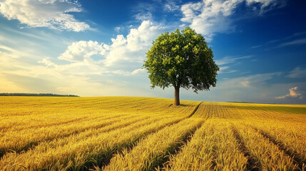 A solitary tree standing in an open field under soft natural light, symbolizing strength, solitude, growth, and harmony with nature.
