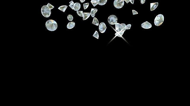 3D Diamond Falling on Transparent Background Animation. Shiny Diamonds Dropping Luxury Motion Graphic. Realistic 3D Crystal Diamond Fall Transparent Overlay