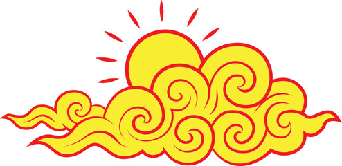 sky sun cloud golden yellow red asia china japan styls flat illustration design