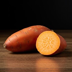 A vibrant orange-fleshed sweet potato rests on a textured wooden surface, showcasing its natural beauty and healthy appeal. Perfect for autumn harvest themes ,diet ,carbohydrate ,starch