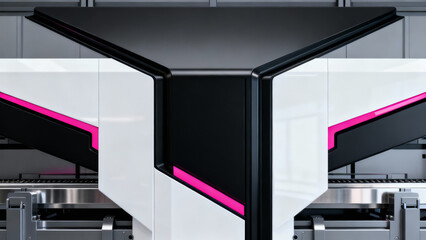 Futuristic industrial machine with sleek angular design, bold pink accents on black and white panels, exuding high-tech precision and modern engineering