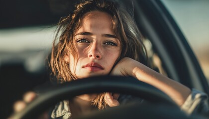 Depressed And Anxious Female Driver: Young Woman Driving Car With Anxiety And Fatigue, Feeling Unhappy And Miserable On The Road