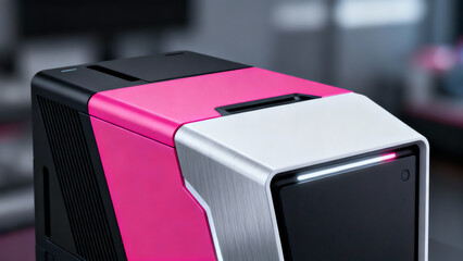 A sleek, futuristic device with bold pink, white, and black panels, angular design, LED accents, and high-tech vents for a premium, modern look