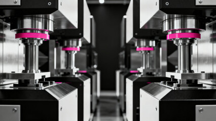 Symmetrical industrial machinery with stainless steel components and pink accents in a clean, high-precision manufacturing setup