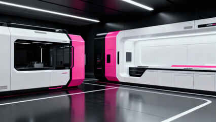 A sleek, futuristic kitchen with white and pink accents, glossy surfaces, and modern appliances in a high-tech, minimalistic design
