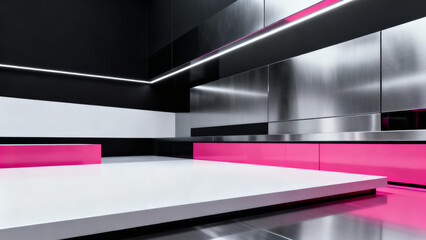 Futuristic minimalist interior with bold pink accents, sleek metallic surfaces, and geometric shapes. Clean lines and reflective finishes create a high-tech, contemporary vibe.
