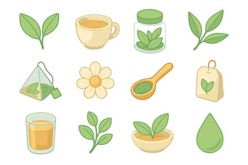 Herbal tea icons collection with leaves, flowers, and accessories in flat design