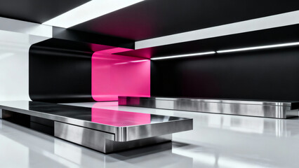 A sleek, futuristic interior with bold pink accents against black and metallic surfaces, reflective floors and sharp geometric lines create a modern, high-tech ambiance