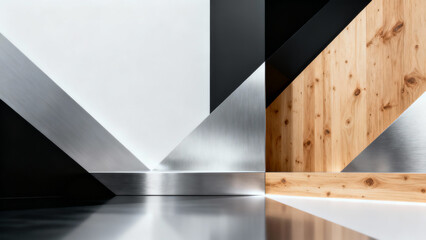 Abstract geometric design featuring intersecting metallic and wooden panels in silver, black, white, and light brown with sharp angles and reflective surfaces