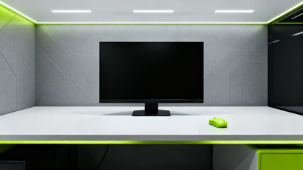 A sleek, minimalist workspace with a black monitor on a white desk, lime green mouse, geometric gray walls, and neon green LED lighting