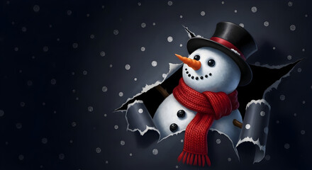 Snowman bursting through snowy night background – festive Christmas holiday illustration with playful winter charm and copy space