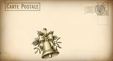Antique postcard with ornate Christmas bells and bow on aged paper background – elegant vintage holiday illustration with generous copy space for greeting text