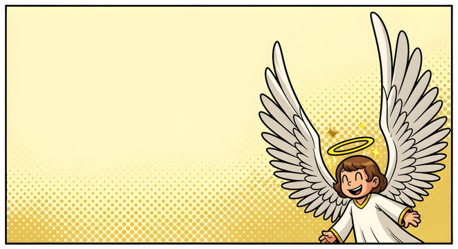 Smiling cartoon angel boy with halo and wide wings on golden comic halftone background &ndash; playful Christmas or faith illustration with copy space for greeting message