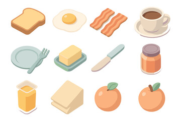 Isometric breakfast icons: eggs, bacon, coffee, toast, and more